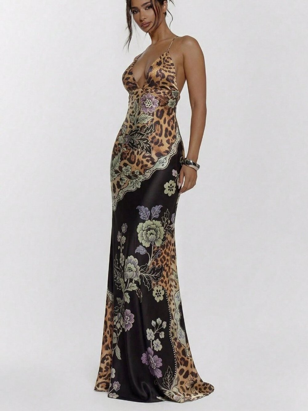 multicolor Lace-Up Women's Fitted Animal Print Maxi Dress - Picture 5 of 5